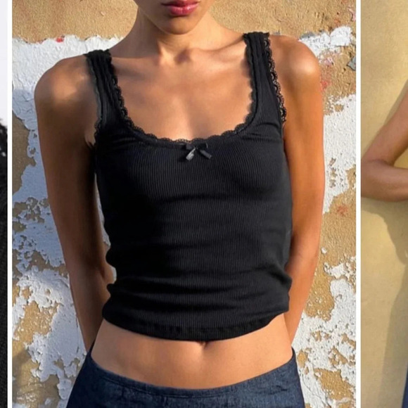 Commense Tops - NWT Commense Lace Trim Crop Tank Top Ribbed Bow Front Size XS Black